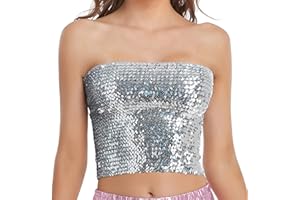 FENYONG Womens Sparkly Sequin Mermaid Crop Tops, Strapless Metallic Tube Tops for Party Clubwear