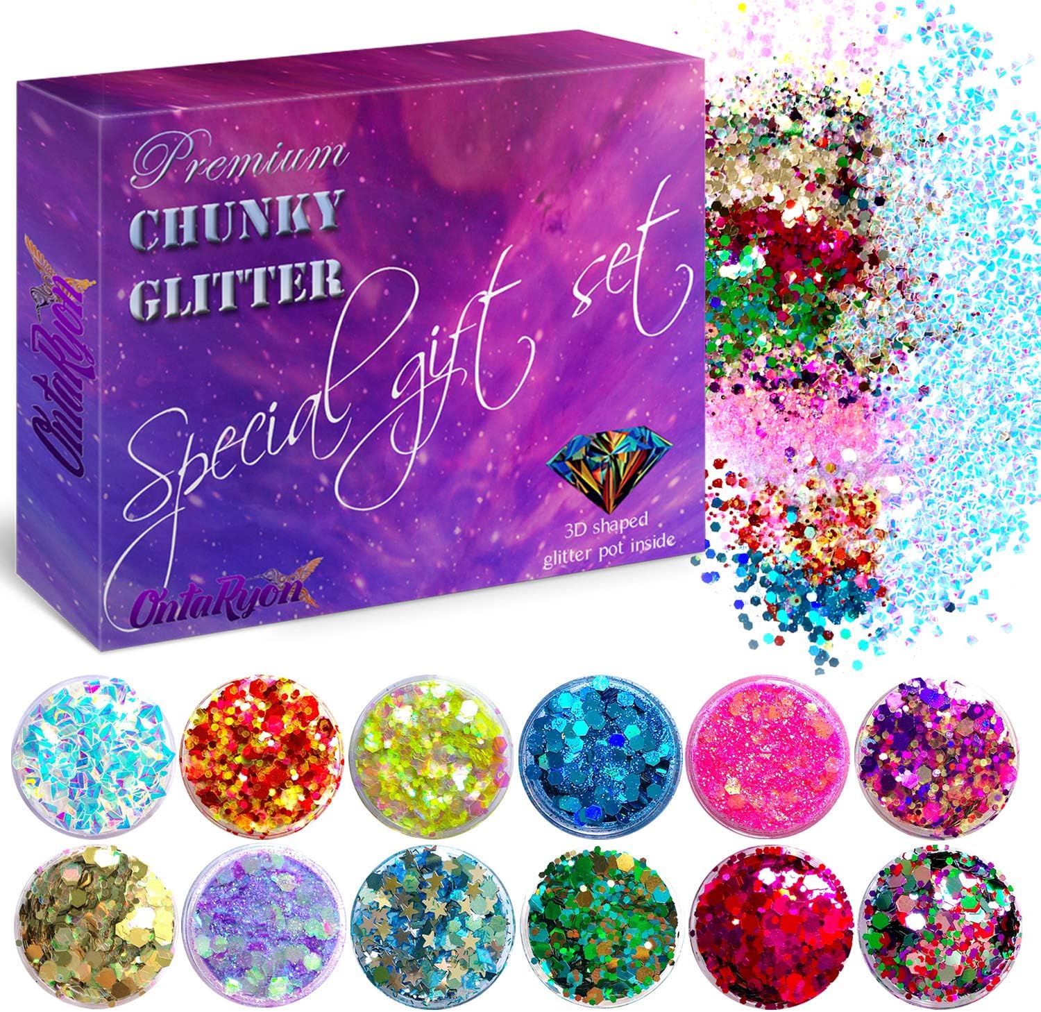 OntaRyon Set of 12 Festival Mixed Glitter Pots | Chameleon 3D Diamond Shaped Chunky Pot | Unicorn Holographic Affect Decorative Body Cosmetic | Professional Nail Art Decorating