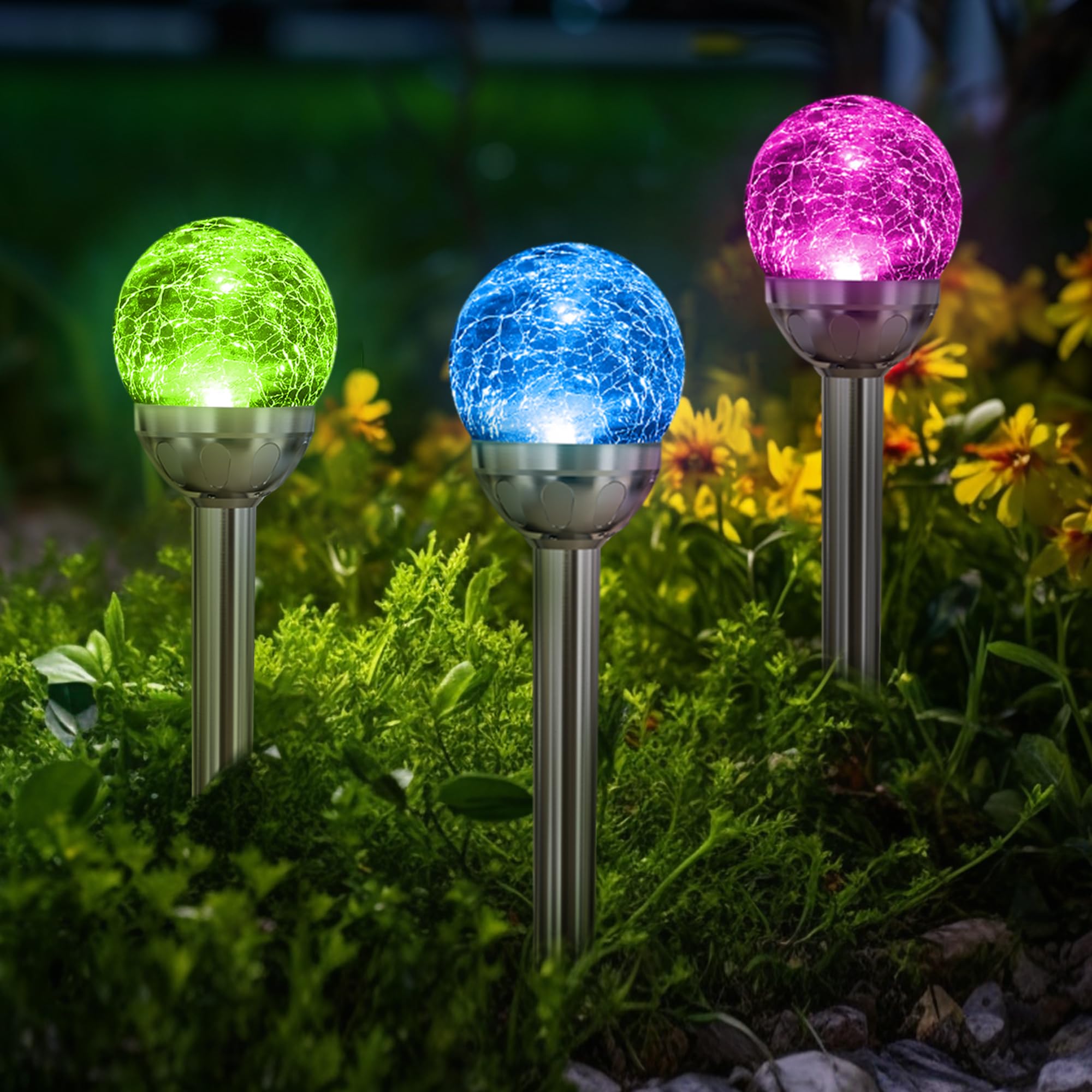 Photo 1 of **INCOMPLETE** MISSING POLES** SOLPEX Solar Garden Lights Outdoor, 3 Pack Multi-Color Changing&White 2 Modes Solar Powered Glass Ball Garden Lights Waterproof for Patio Decoration