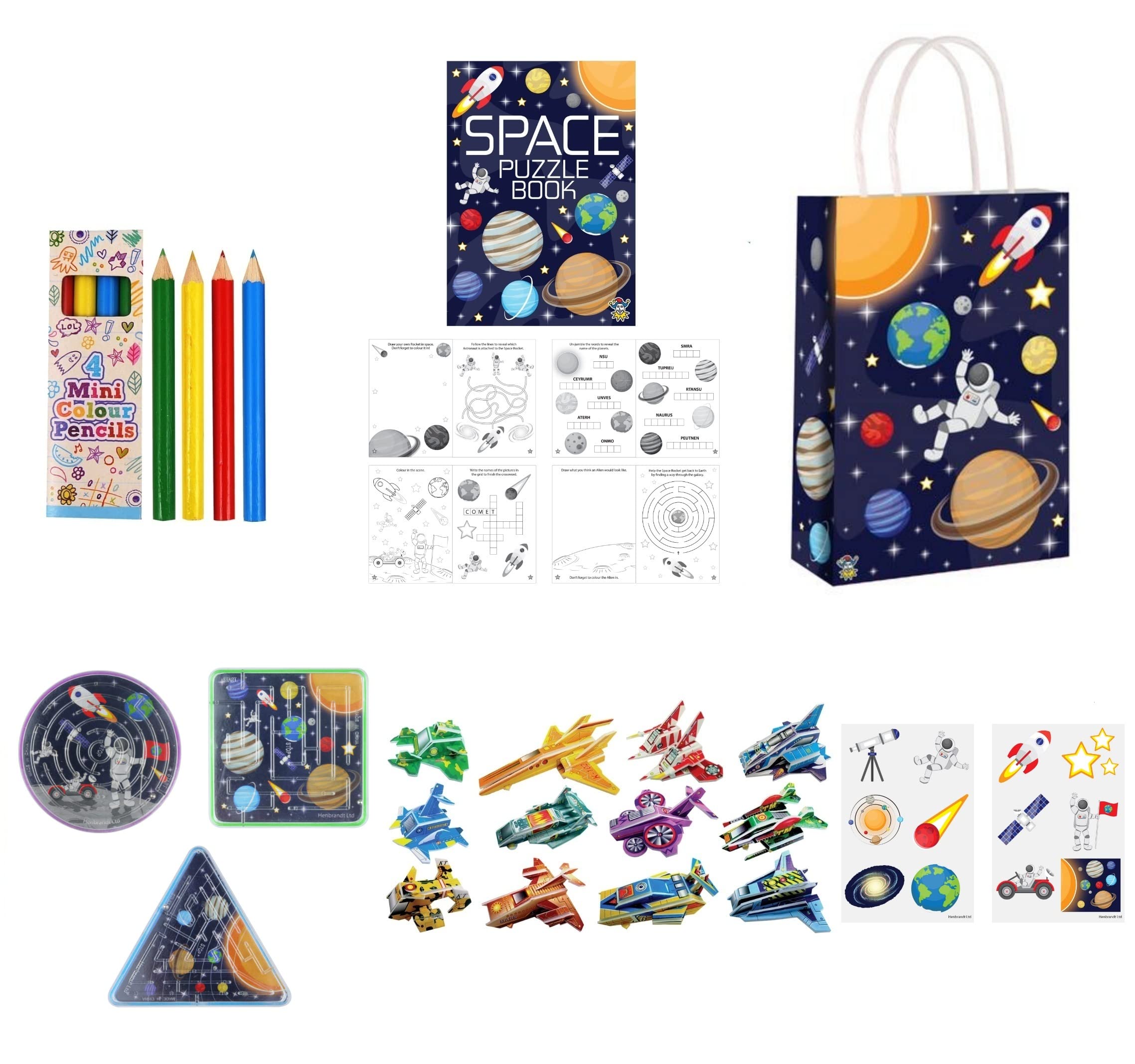 Anilas Complete Space Themed 10 Party Bags, Fillers & Favours – Mini Colouring Pencils, Colouring Puzzle Books, Pinball Mazes, Stickers, 3D Puzzle Spaceships & Party Bags.(Ideal for Children Aged 3-8)