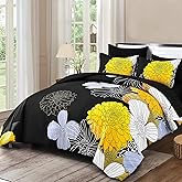 7 Pieces King Yellow Black Comforter Set Bed in a Bag Floral Bedding Set Soft Microfiber Boho Comforter (1 Comforter 1 Flat Sheet 1 Fitted Sheet 2 Pillowshams 2 Pillowcases)