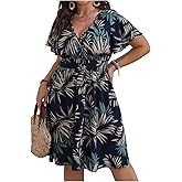 Floerns Women's Plus Size Wrap V Neck Short Sleeve Ruffle Hem A Line Short Dress