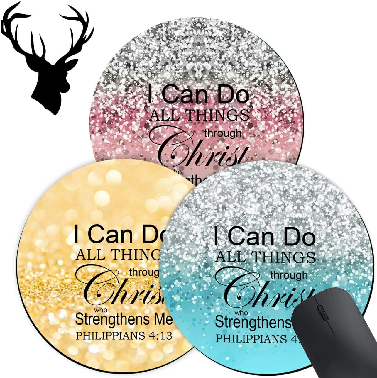 3 Pack Gaming Mouse Pad, I can Do All Things Through Christ Who Strengthens Me Philippians 4:13 Mouse mat, Round Mouse Pads for to Laptop and Computers,Cute Mousepad with 2x2 inch Deer Head Stickers