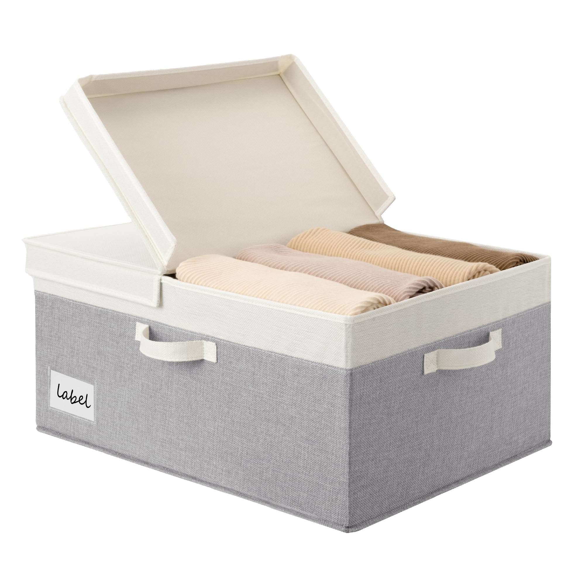 GRANNY SAYS Fabric Storage Box with Lid, Large Storage Basket for Shelves, Decorative Basket Organiser, Foldable Cloth Bin with Lids for Wardrobe Organising Clothes, Extra Large, White&Grey