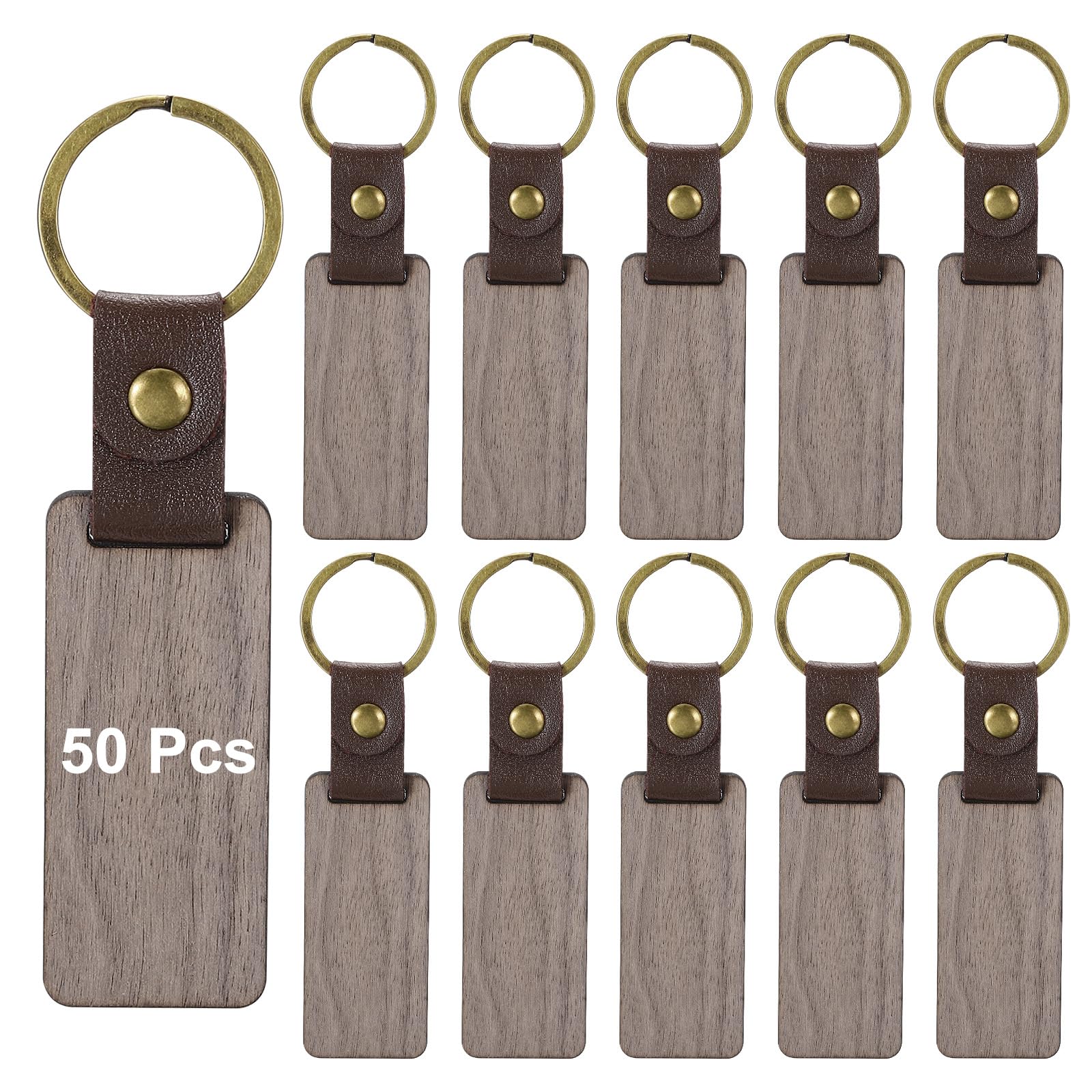 PATIKIL Wood Keychain Blanks, 50pcs Wooden Keychain Blanks Personalized Tags Small Rectangle Key Chain Bulk Unfinished Walnut Leather Strap for Laser Engraving DIY Crafts Gift