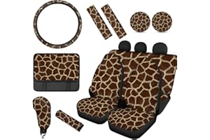 Wanyint Giraffe Print Print Car Seat Cover Full Set for 12pc with Front Back Seats Steering Wheel Covers Armrest Pad Handbrake Cover Gear Shift CoverAuto Seat Belt Pads,Cup Holder Coaster for Women