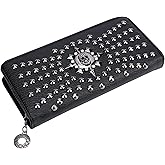 BUNCHBRAVO Studded Skull Wallet for Women, Black Gothic Clutch with Metal Studs, Zip-Around Compact Leather Purse for Cards and Cash