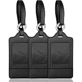 Teskyer Leather Luggage Tags for Suitcases, 3 Pack, Black | Quick-Attach Spring Ring, Privacy Flap Design, Includes 6 Info Cards, Durable Leather, Easy to Identify, Travel Essential