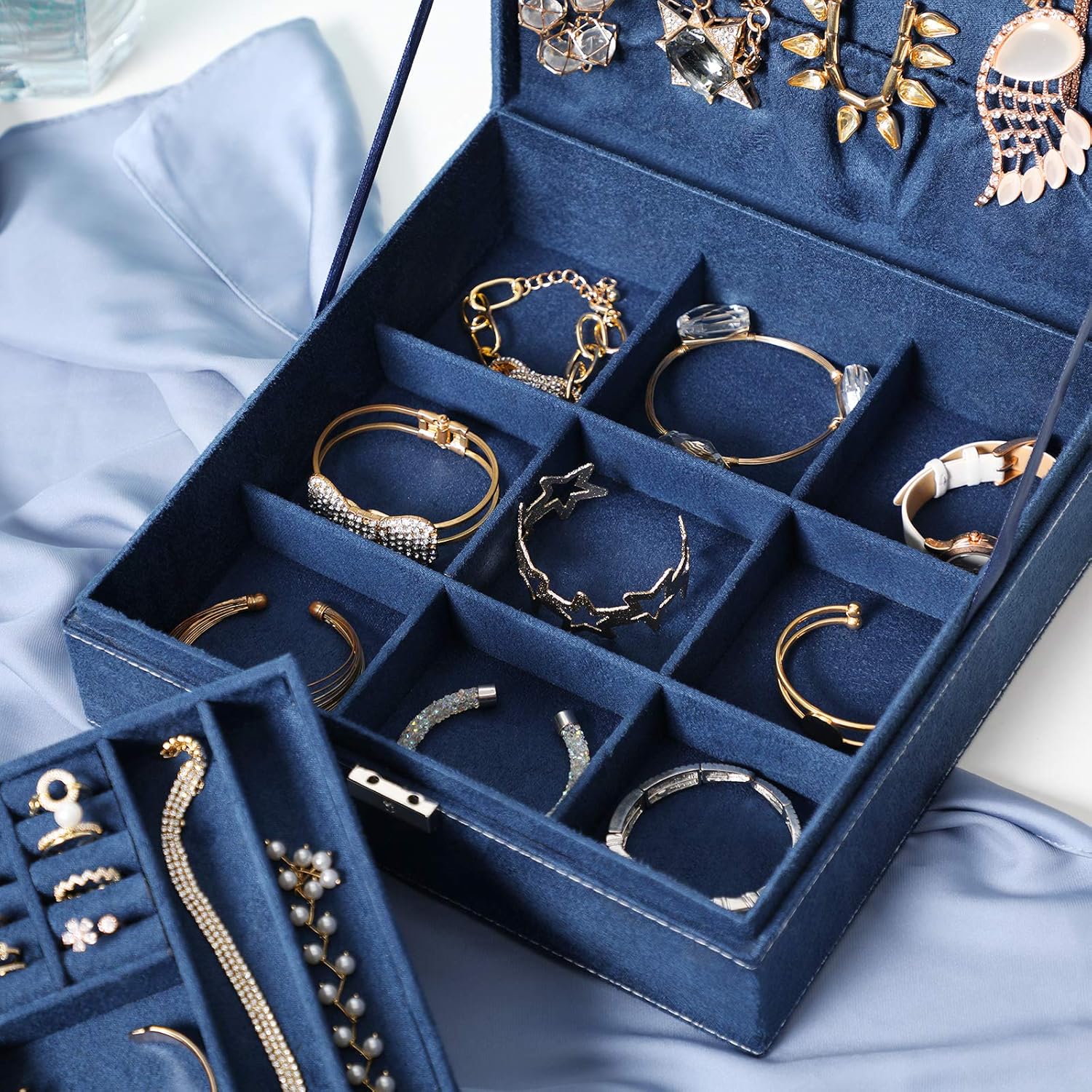 SONGMICS Large Jewelry Box with a Removable Tray and Compartments for Earrings, Necklaces, Bracelets, Dark Blue: Furniture & Decor