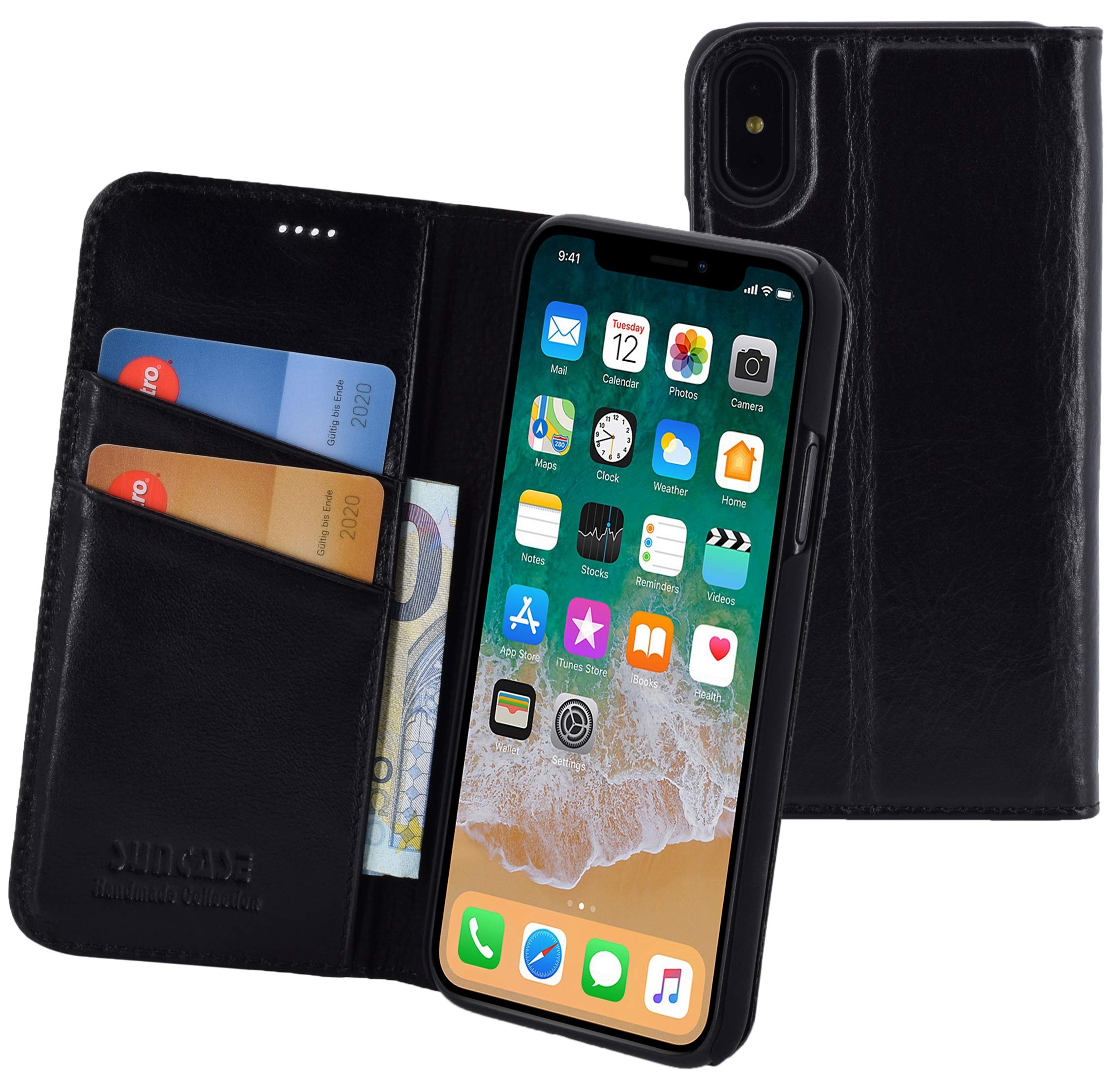 Suncase Handmade book-style compatible with iPhone X / XS (5.8 inch) leather case made of genuine leather case protective wallet case cover black