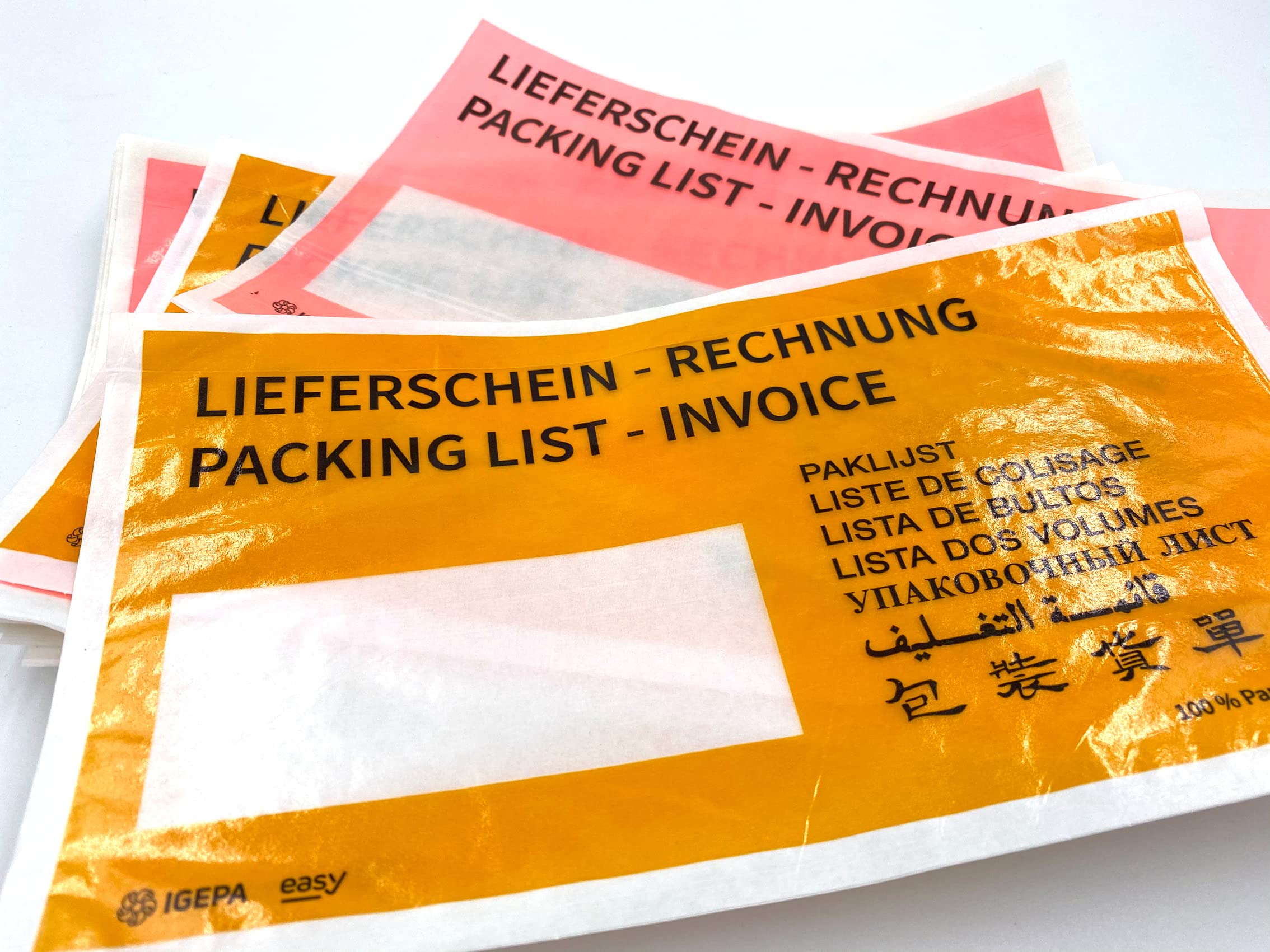 umschlag-discount Delivery note bags made of glassine paper, DIN long = 240 x 131 mm, merchandise paper bags, red with delivery note bill, multilingual, self-adhesive (100)