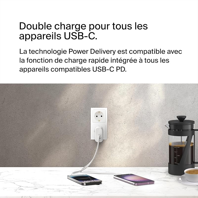 BoostCharge Chargeur Secteur, 2 USB-C, 60 W, PPS, Chargeur Rapide