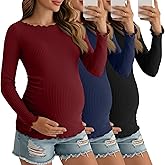 Sweetyweee 3 Pack Women's Maternity Ribbed Shirts Cotton Long Sleeve Pregnancy Tops Lettuce Trim Side Ruched Tees Clothes