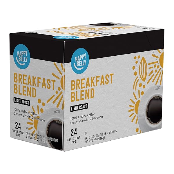 AMAZON BRAND – HAPPY BELLY LIGHT ROAST COFFEE PODS, BREAKFAST BLEND, COMPATIBLE WITH KEURIG 2.0 K-CUP BREWERS, 24 COUNT
