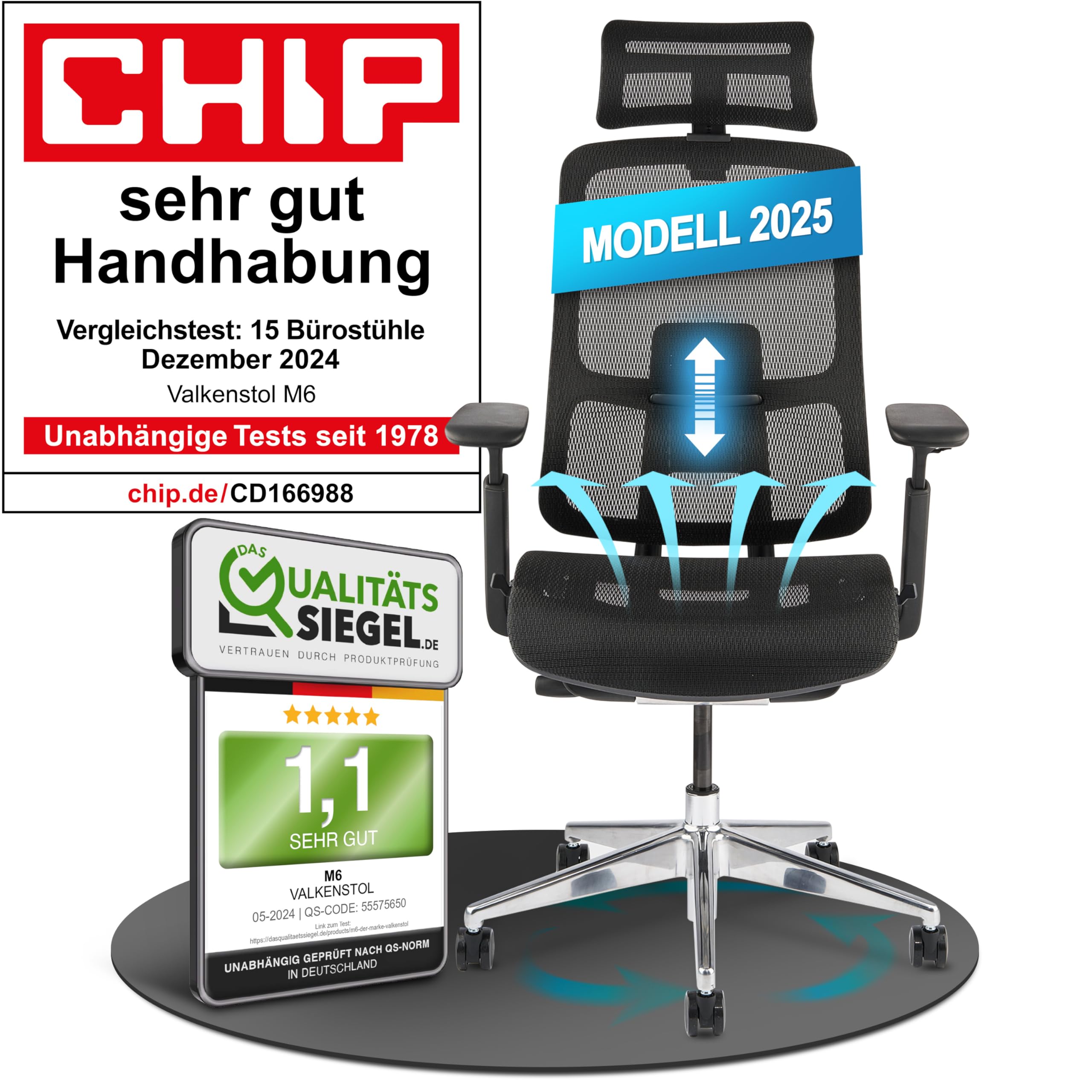 VALKENSTOL M6 Bürostuhl Ergonomisch Testsieger für Grosse Menschen, Breite Sitzfläche Schreibtischstuhl, Office Chair mit Lordosenstütze, Verstellbare Rückenlehne für Gesundes Sitzen Chefsessel 150kg