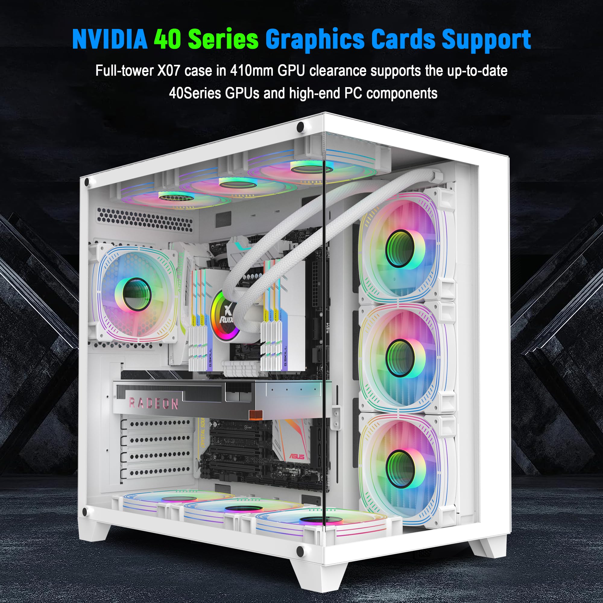 GOPIE White PC case, 4Pack PWM RGB Computer Fans pre-Installed, Gaming Desktop pc Hosting case Compatible with 360mm RAD -270° Full View Dual Tempered Glass