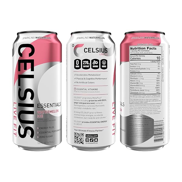 CELSIUS ESSENTIALS™ SPARKLING WATERMELON ICE, SUGAR FREE PERFORMANCE ENERGY DRINK, 16 FL OZ (PACK OF 12)