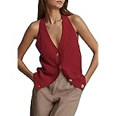 Womens Button-Front Sweater Vest Top V Neck Sleeveless Knit Tank Fitted Halter Raceback Cardigan Vest