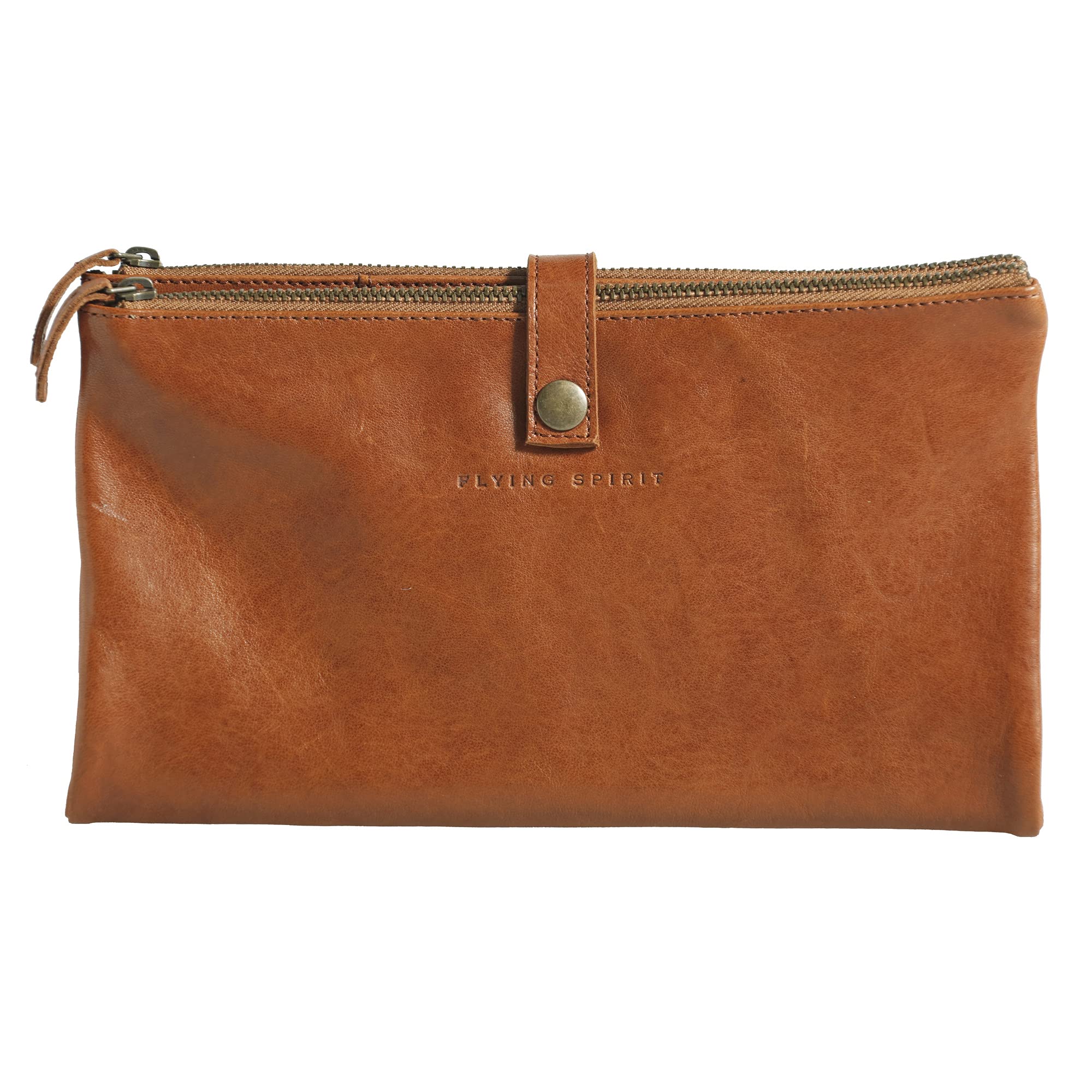 Clairefontaine 930031C - One Flying Spirit Flat Pouch - Compartmentalised Tool Case with Zip Closure - L. 27 x H. 23.6 cm - Genuine Brown Glossy Leather