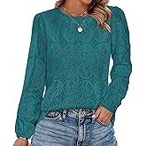OFEEFAN Blouses for Women Dressy Casual Spring Tops 2026 Summer Outfits Flower Lace Crochet Long Sleeve Shirts