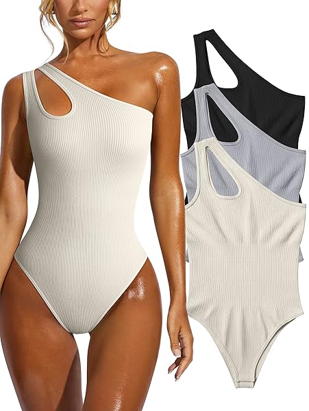 OQQ WOMEN’S 3 PIECE SEXY RIBBED SLEEVELESS ONE SHOULDER TANK TOP EXERCISE BODYSUIT, BLACK GREY BEIGE, SMALL