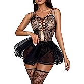 RSLOVE Sexy Babydoll Lingerie - 3 Piece Exotic Lingerie Sets Fishnet Teddy Bodysuit with Thigh High Stockings and Mini Skirt