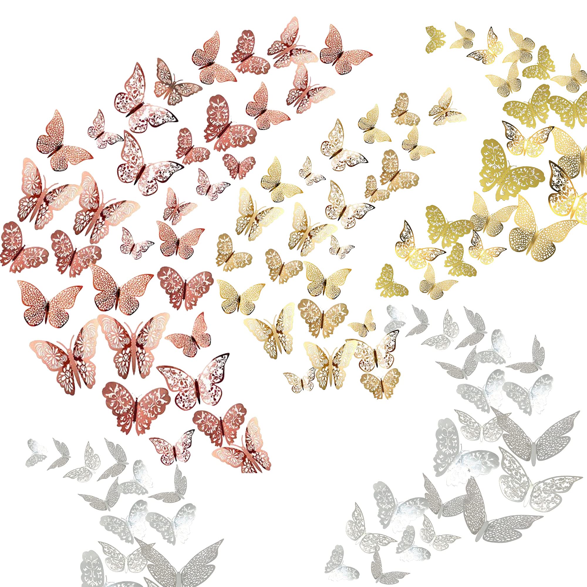 Allazone 108 PCS 3D Butterfly Wall Stickers Wall Decal Decor Art Decorations Sticker Removable Hollow Butterfly 3 Sizes for Room Home Classroom Offices Bedroom Decor, Rose gold, Silver, Gold