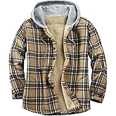 Derbars Men's Cotton Plaid Shirts Jacket Fleece Lined Flannel Shirts Sherpa Button Down Jackets with Hood for Men