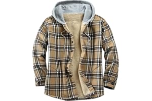 Derbars Men's Cotton Plaid Shirts Jacket Fleece Lined Flannel Shirts Sherpa Button Down Jackets with Hood for Men