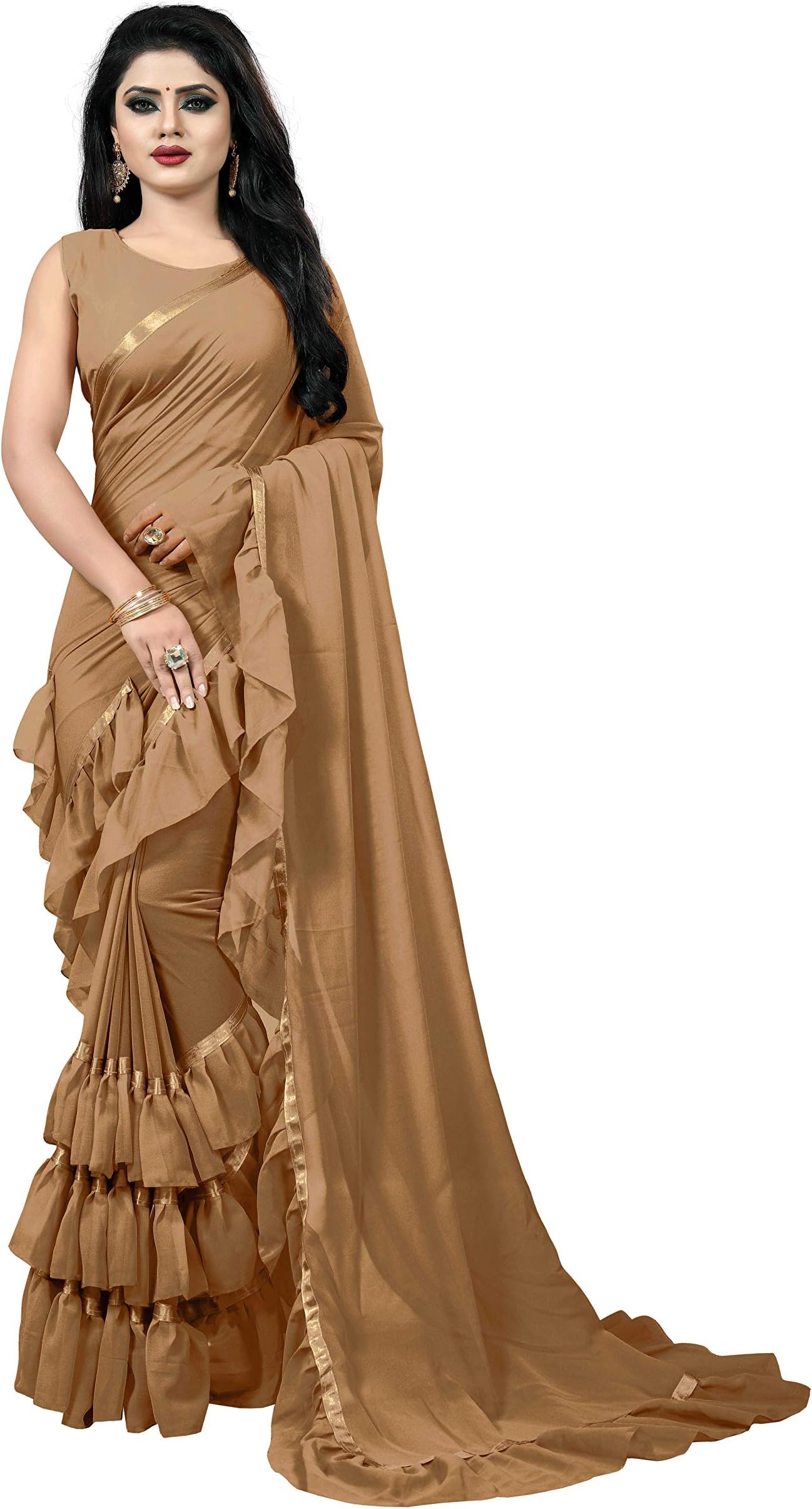 Women's Frill Ruffle Georgette Plain Saree With Blouse