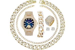 CHARLES RAYMOND Fully Iced Mens Big Rocks Bezel Color Dial with Roman Numerals, Cuban Chain Bracelet, Cuban Necklace, Tennis Chain & Ring - ST10327CRNT