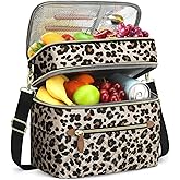 Capolo Lunch Box for Women Men Adults,Double Deck Insulated Lunch Bag Leakproof Lunch Cooler Box with Removable Strap Lunch Tote Bags Reusable Thermal Lunchbox for Work Picnic(Large,Leopard)