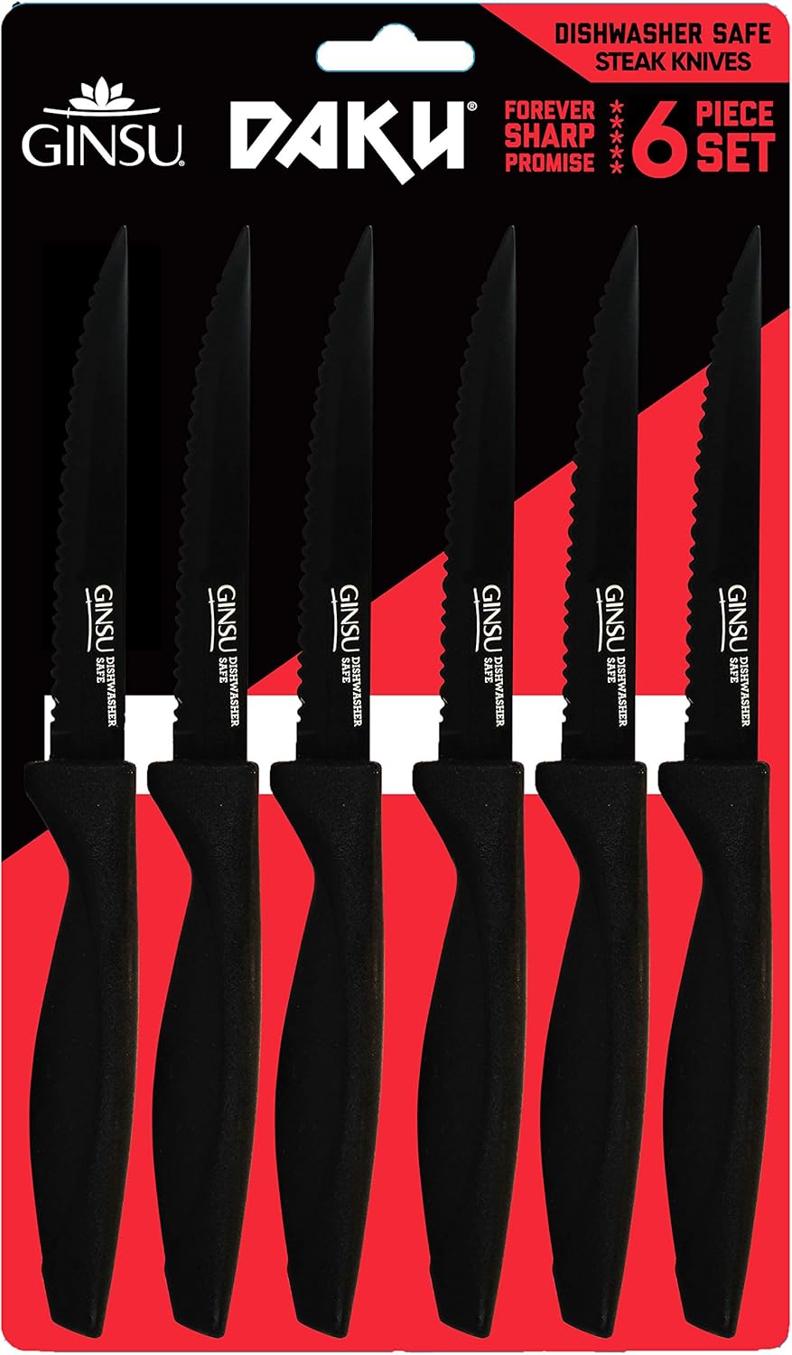 GINSU Daku Series Dishwasher Safe, Fade Resistant, Black Ceramic Coated, 6 Piece Steak Knife Set (DAK-KB-DS-006-1), 4.5 inches: Kitchen & Dining