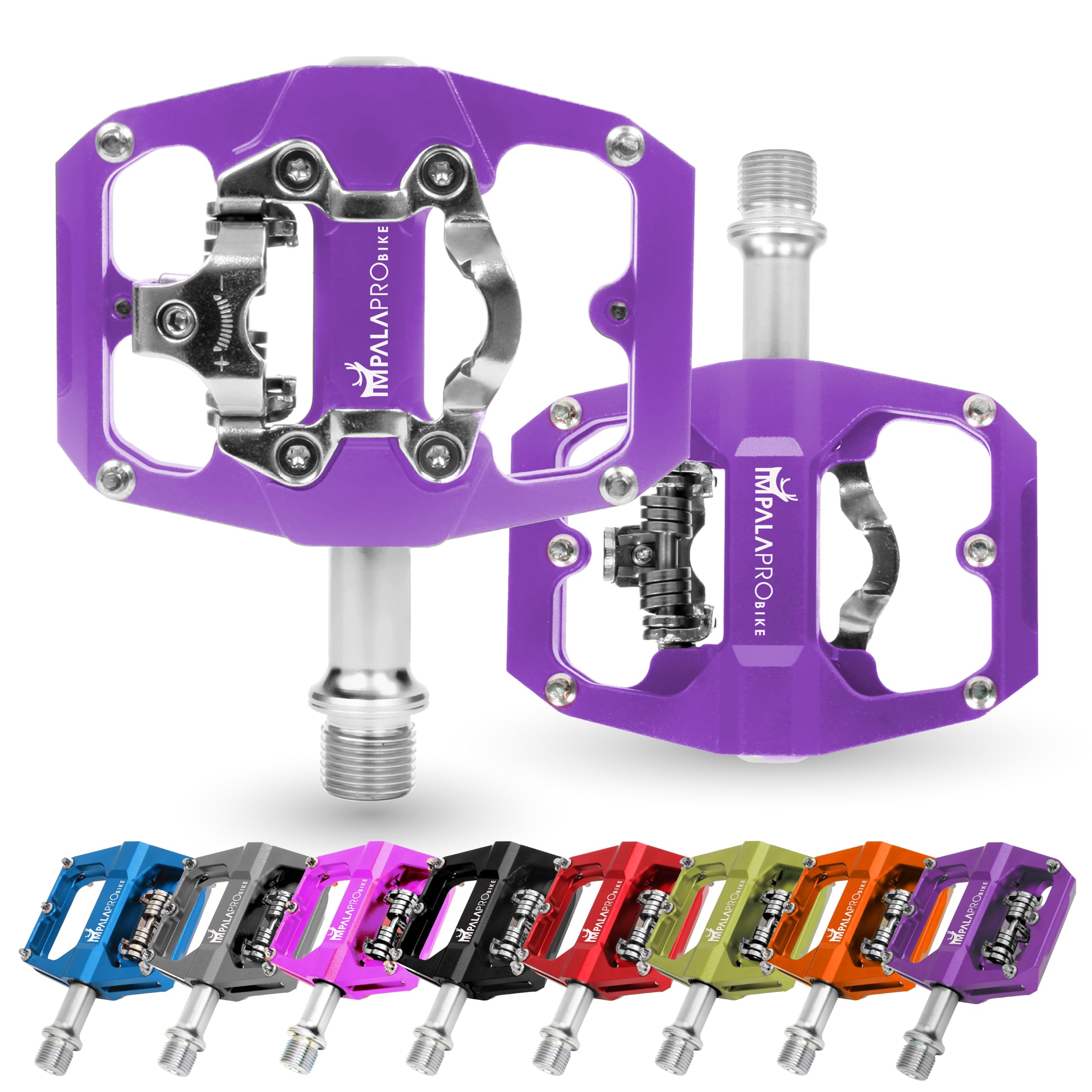 IMPALAPRO - Dual Function Bicycle Flat Pedals and SPD Pedals 9/16'' Compatible with Shimano SPD Pedals - Dual Platform MTB Flat Pedals and SPD Clipless Pedals (Purple)
