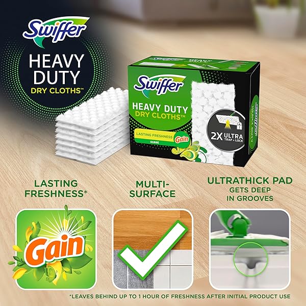 SWIFFER SWEEP + MOP, DRY PADS REFILL, FLOOR CLEANER FOR DIRT, DUST, HAIR, CLEANING CLOTHS FOR MOPPING HOME, BATHROOM, KITCHEN, ALL PURPOSE MULTI-SURFACE FLOOR WIPES, HEAVY DUTY, GAIN, 40CT