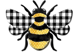 Craig Bachman 12" Metal Embossed Bee Hanger: Plaid Check Colorful Wall and Door Decoration for Seasonal Celebrations, Perfect as Home Decor or Wreath Accent
