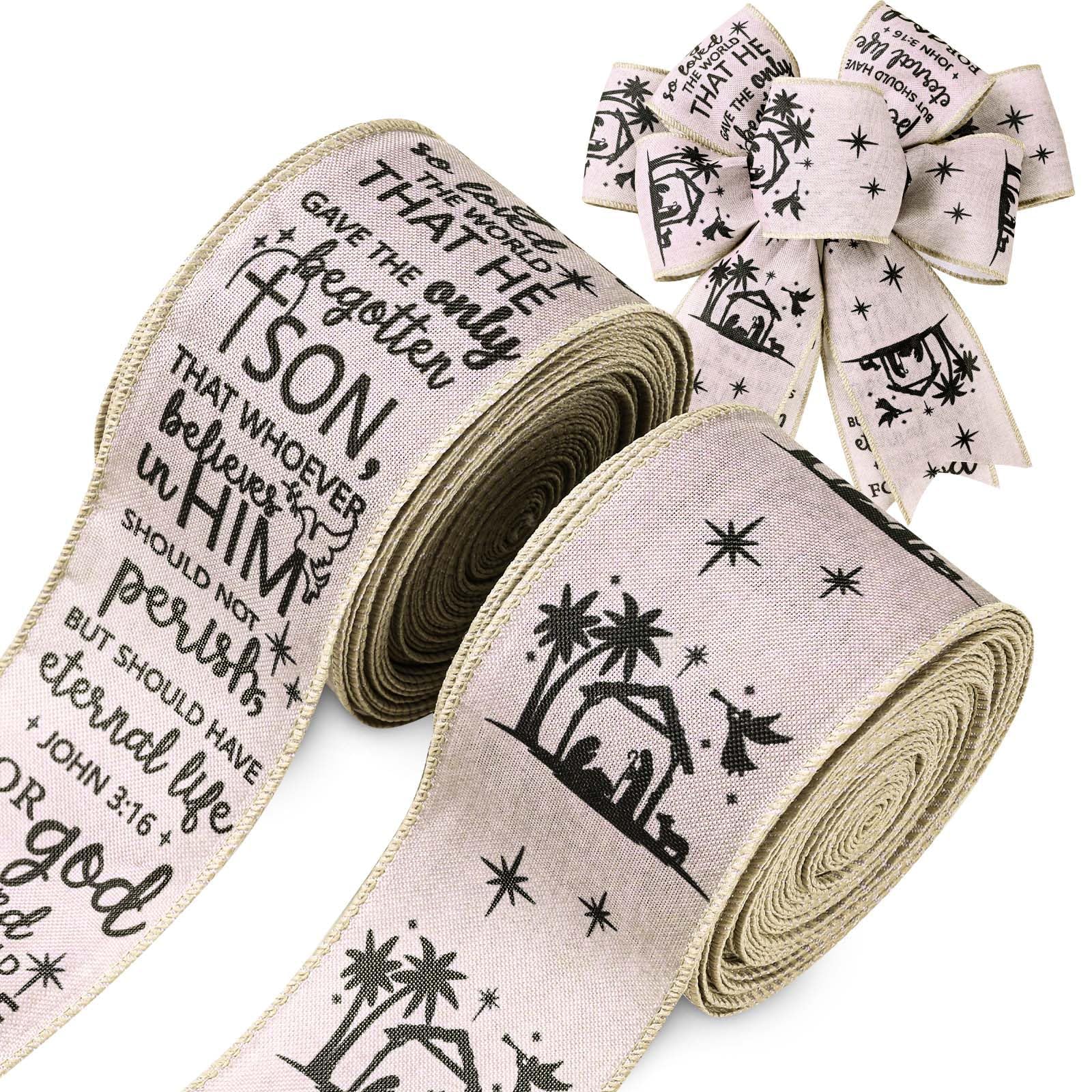Photo 1 of 2Rolls 20Yards Christmas Nativity Wired Ribbon 2.5 Inch Xmas John 3:16 for God So Loved The World Fabric Ribbon for Gift Wrapping DIY Crafts Floral Arrangement Wreath Bow Making Home Decoration