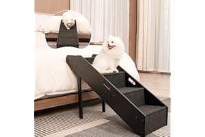 Dog Stairs, Pawque 2-1 Wooden Convertible Pet Ramp & Stairs for High Beds, Couch and Sofa, Side Rails, Climbing Aids, Non-Slip Fabric for Dogs Injured, Older Dogs Cats, Pet with Joint Pain, 3/4 Steps