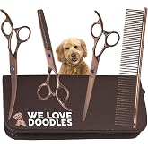 Dog Grooming Scissors Kit, 4 Pieces, Curved, Straight &amp; Thinning Shears Set | Professional Dog Grooming Shears For At Home Doodle &amp; Poodle Hair, Pet Face &amp; Paw Scissors For Goldendoodle, Stainless Steel