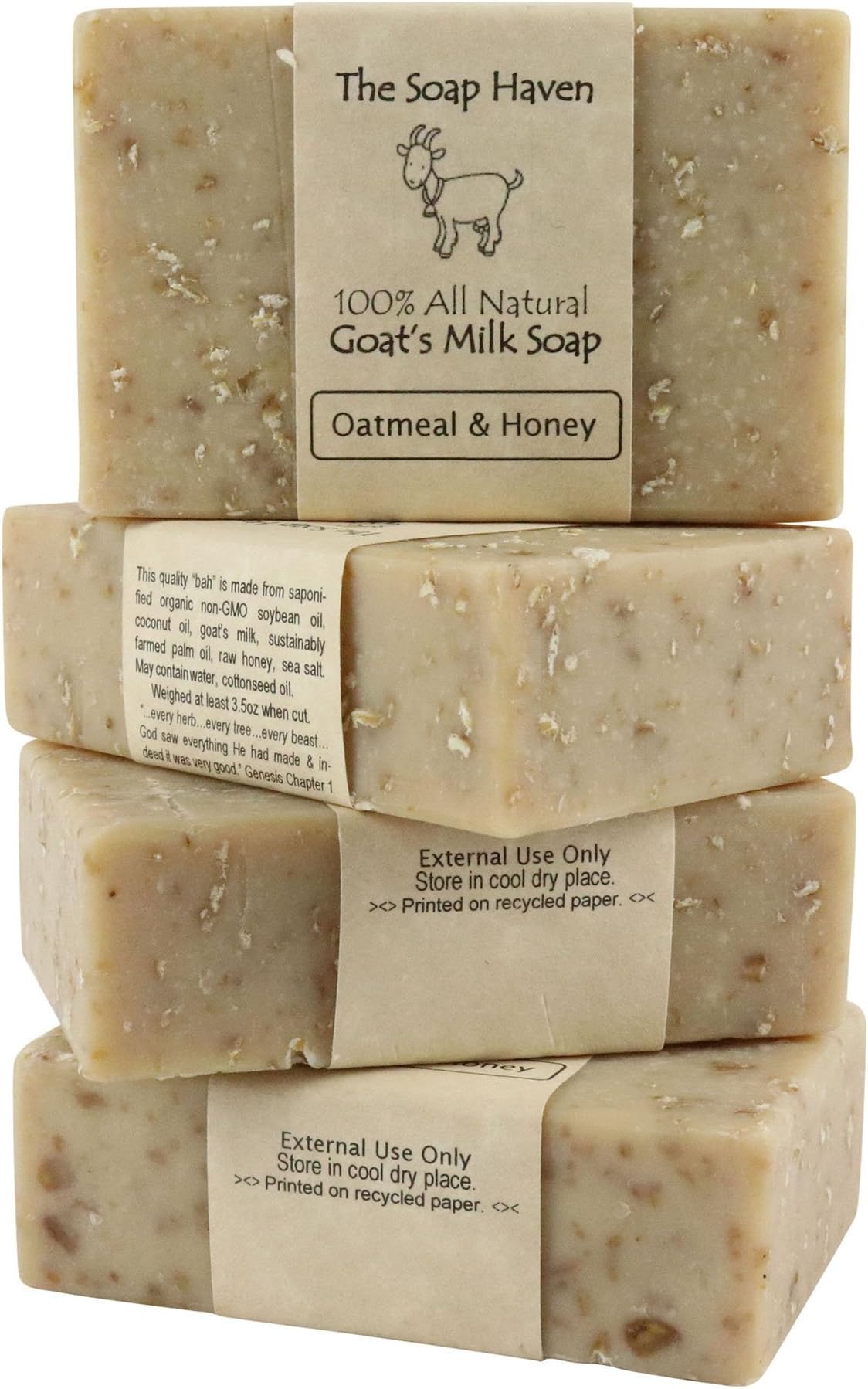 Oatmeal Soap - 4 Oatmeal & Honey, Goat Milk Soap Bars. All Natural, Unscented Soap - Wonderful for Eczema, Psoriasis, sensitive skin and all skin types. SLS Free, NO Parabens. Handmade in USA.