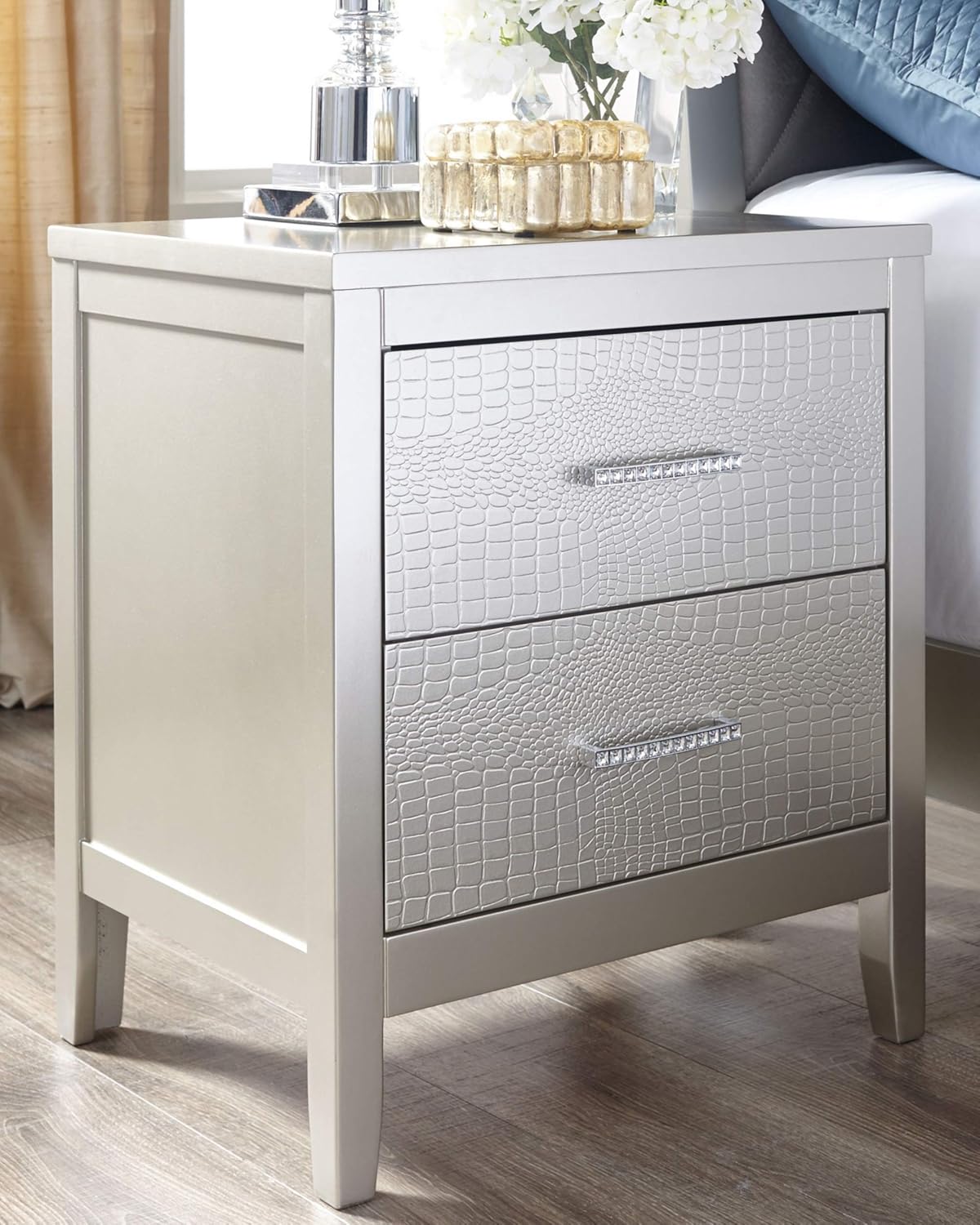 Ashley Furniture Signature Design - Olivet Nightstand - Contemporary Glam - 2 Drawers - Silvertone Metallic Finish - Chrome Pulls w/ Decorative Faux Crystals: Furniture & Decor