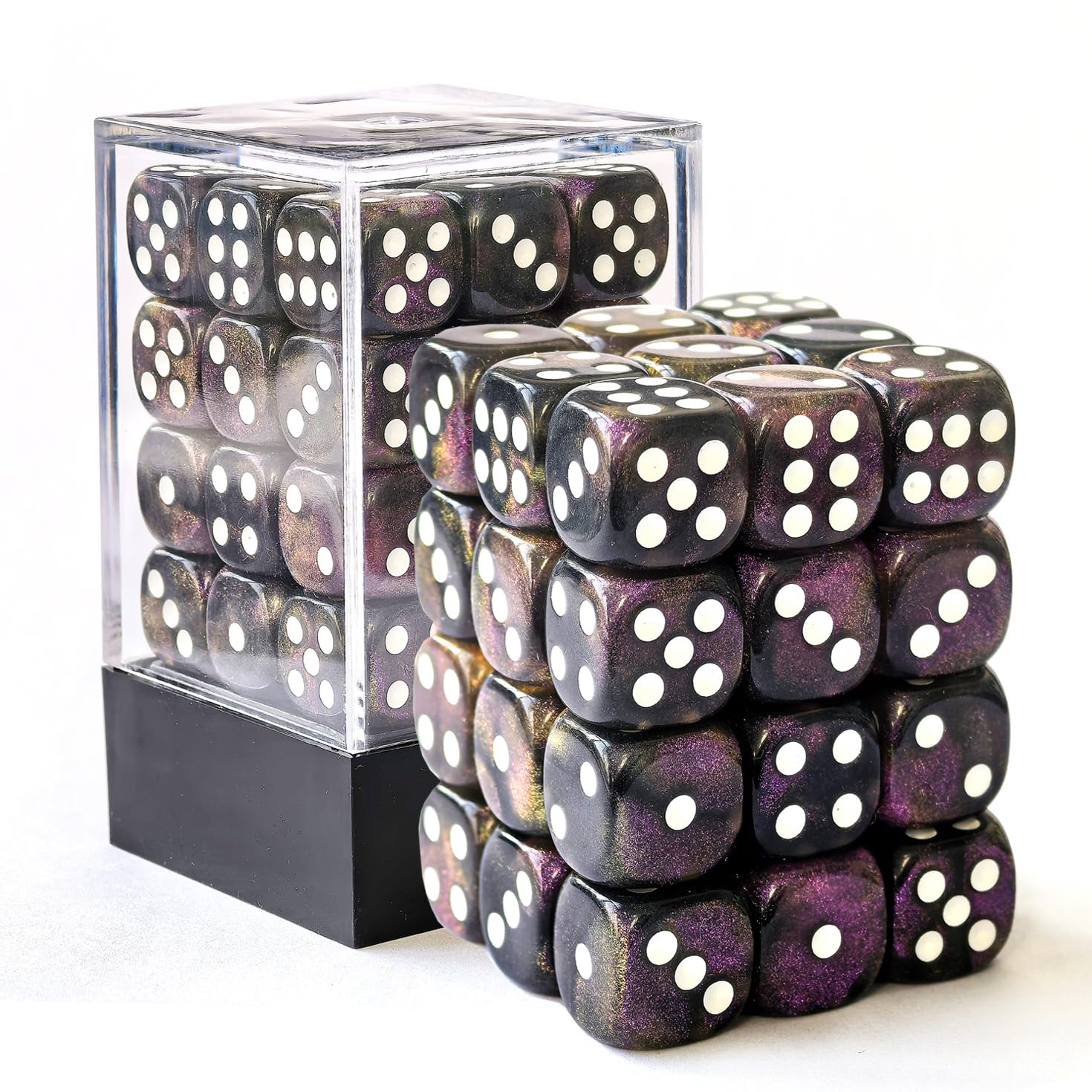 BESCON DICE Moonstone 12mm 6 Sided Dice, 36pcs Black & Purple Shimmery Acrylic Hexahedron Dice — image 1