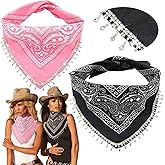 Vabean 2 Pcs Rhinestone Bandana Disco Fringed Paisley Glitter Bandanas for Women Cowgirl Bachelorette Tassel Kerchief
