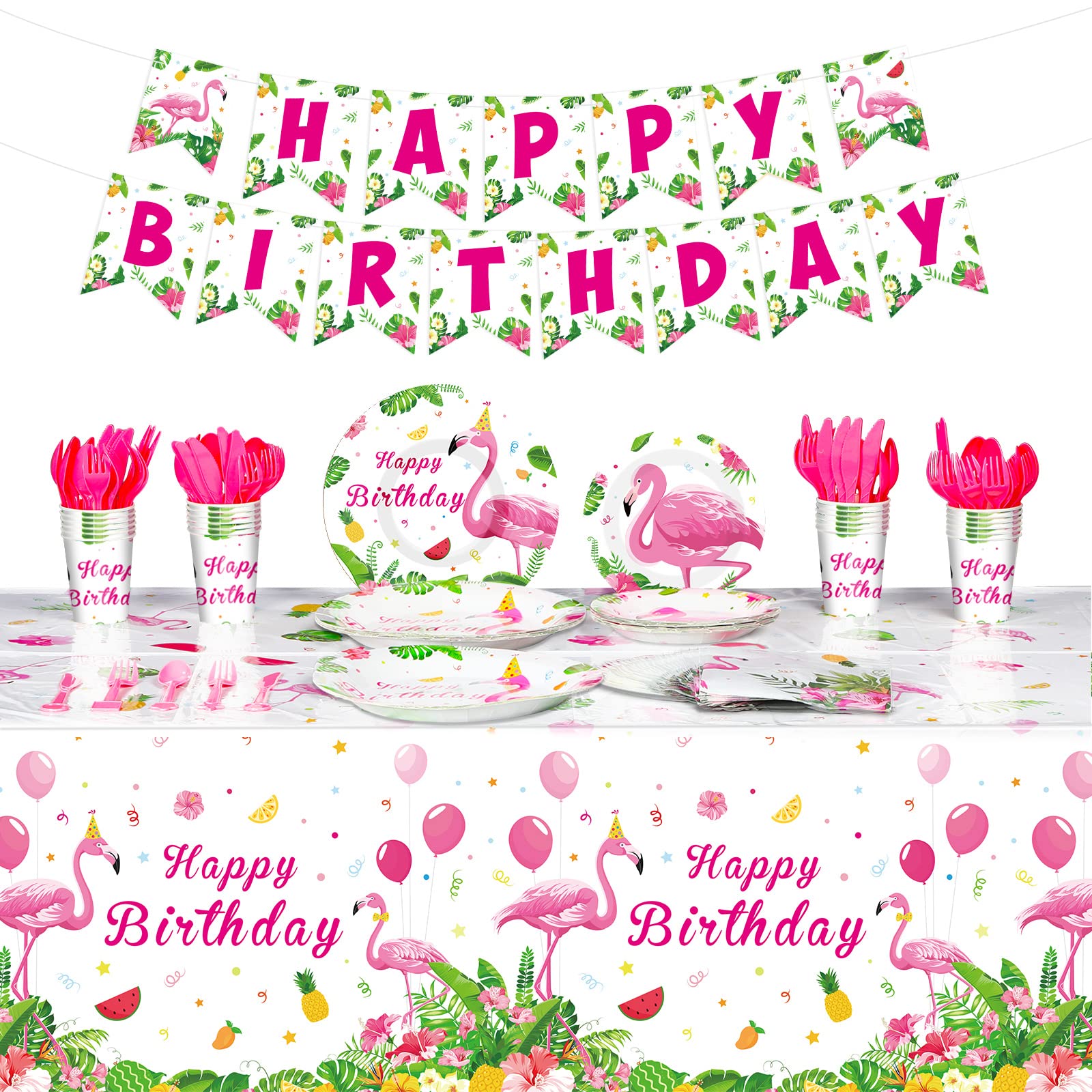 Photo 1 of Tudomro 172 Pcs Flamingo Birthday Party Supplies Flamingo Party Decorations Include Hawaiian Tablecloths Birthday Banner Napkins Tableware Set for Summer, Serves 24