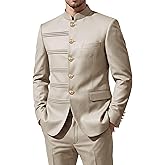 CKGJLJ Men's Chinese Tunic Suits Classic Fit 2 Piece Safri Suits for Men Solid Mandarin Collar Gold Button Jacket Pants