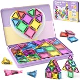 MEIQ 42PCS Magnetic Tiles Travel Storage Mini STEM Blocks Iron Box 3-8 | Portable Montessori educational magnetic building tiles for airplane, car rides &amp; on-the-go creative play, durable and fun