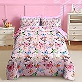 Nesker 7 Pcs Comforter Set Queen Size, Colorful Butterfly Bedding for Kids Teen, Cute Butterflies with Fitted Sheet 2 Pillowcases & 2 Shams for Bedroom Bed Decor