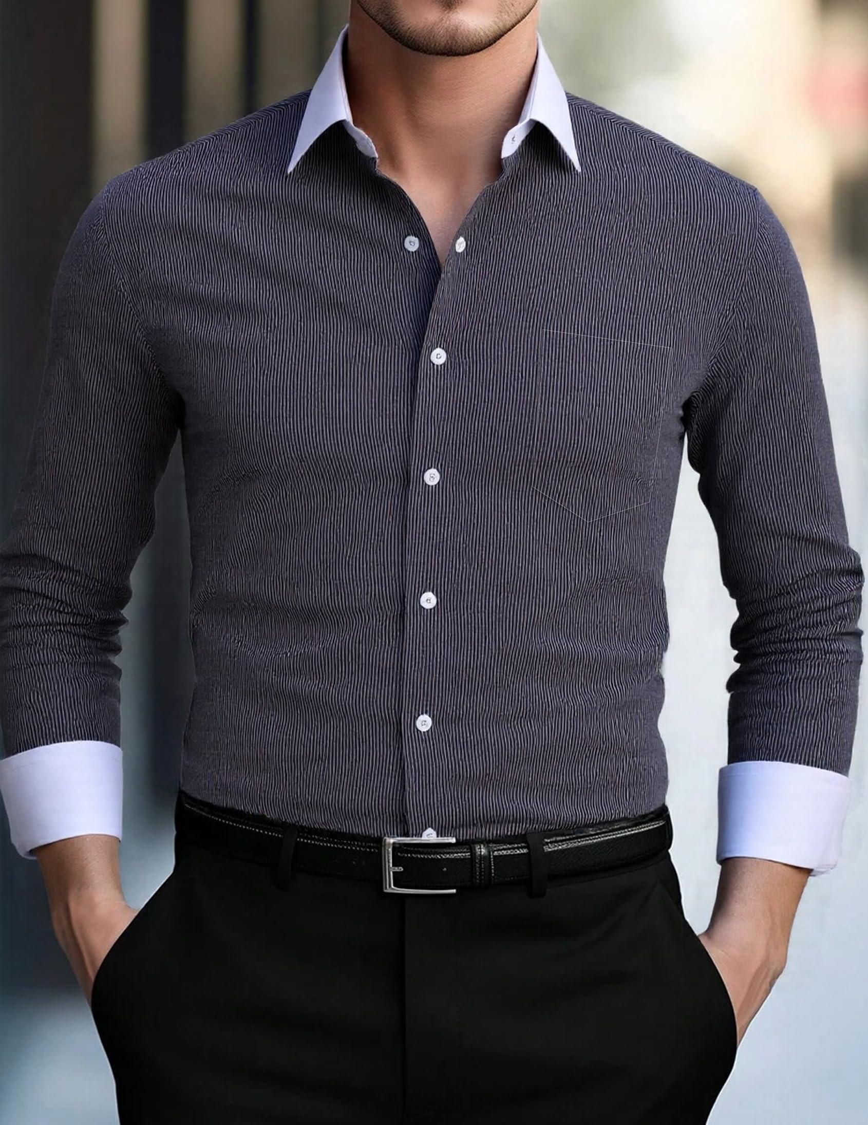 Photo 1 of Business Dress Shirt for Men Slim Fit Button Down Shirt for Office Professional Classic Long Sleeve Shirt(Black-White,S)