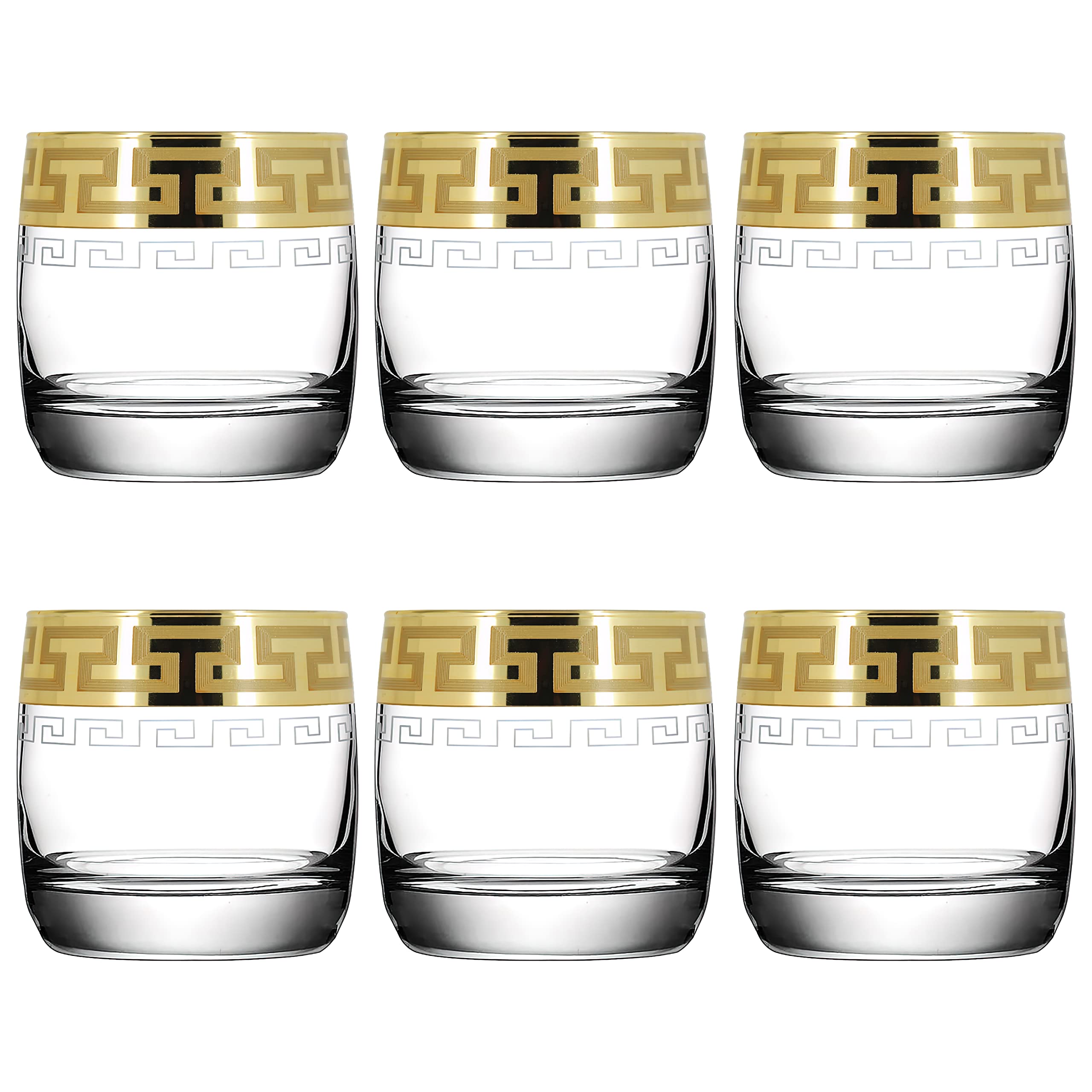 Whiskey Glasses Set of 6 with Gold Rim for Men or Women, Dad, Granddad Gift Set - Round Bottom Modern Design - 250ml (Greek Style FBA)