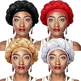 4 Pcs African Turban Head Wrap for Women and Girls Braid Crystals Head Turbans Soft Twisted Wrap Caps for Women, Medium